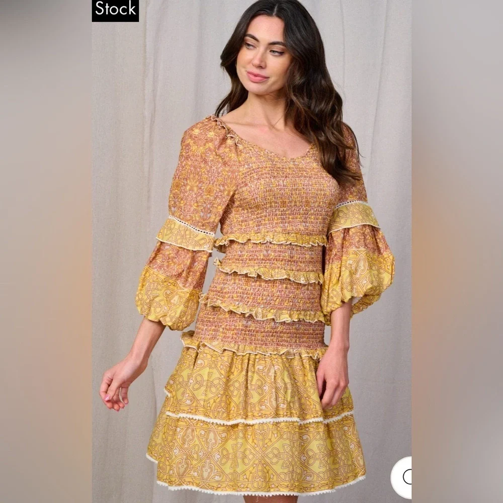 NJ Couture Bohemian Yellow and Brown Dress - Picture 1 of 5